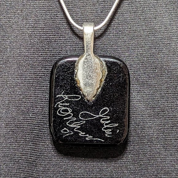 Signed CHRISTMAS TREE Etch Orange & Blue Dichroic Glass Pendant w/Sterling Chain - Picture 3 of 6